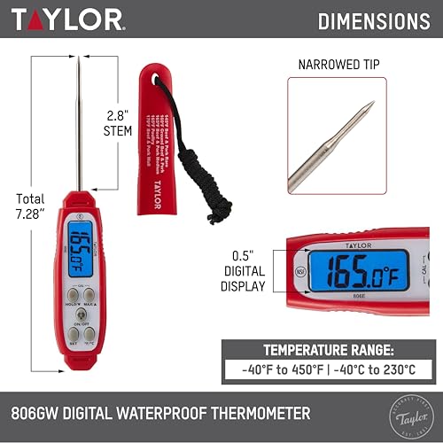 Taylor Digital Instant Read Meat Thermometer for GLP-1 High Protein Meal Prep – Waterproof Kitchen Probe for Chicken, Steak, Lean Cuts, Grill, BBQ – Fast Temperature Check, Blue Backlight Display, Red - color: Red