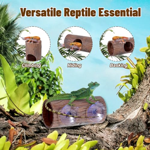 Plastic Hollow Hideout with 2Pcs Powerful Suction Cup, Reptile Hide, Reptile Tank Accessories for Bearded Dragons, Crested Geckos, Frogs, Hermit Crabs, Lizards & Snakes, Terrarium Decor