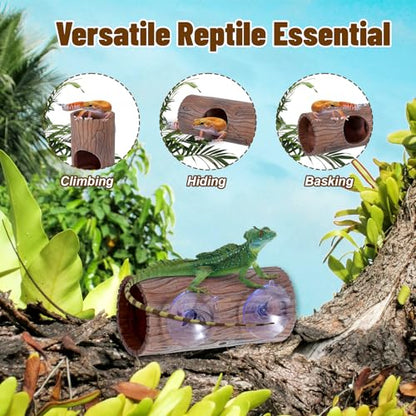 Plastic Hollow Hideout with 2Pcs Powerful Suction Cup, Reptile Hide, Reptile Tank Accessories for Bearded Dragons, Crested Geckos, Frogs, Hermit Crabs, Lizards & Snakes, Terrarium Decor