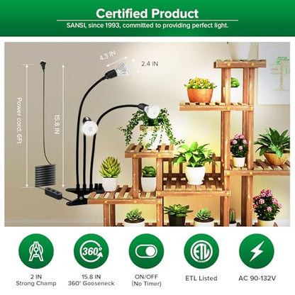 SANSI LED Grow Lights for Indoor Plants, 450W Full Spectrum Gooseneck Clamp Grow Lamp, 30W Power Plant Light with High PPFD for Seeding, Lifetime Free Bulb Replacement Plant Lights for Indoor, 3 Head - size: 3 Head 1 Pack