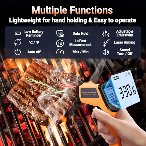 Digital Infrared Thermometer Gun for Cooking,BBQ,Pizza Oven, Infrared Thermometer Laser with Backlight,-58℉~712℉(-50℃~380℃) Handheld Non Contact Heat Laser Temperature Gun (Not for Human) - color: Orange