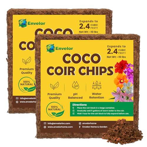 Coco Coir Husk Chips 2-Pack – 2.4 Cu. Ft. Compressed Coconut Coir Bricks, 10 lb. Natural Substrate for Indoor & Outdoor Use, Orchid Bark Alternative, Orchid Potting Mix, Indoor Plant Soil - color: Coco Chips - 10 lb (2.4 Cu. Ft.) - 2 Pack