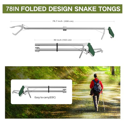 78“ Snake Tongs Collapsible Grabber, Professional Reptile Snake Catcher Wide Jaw Handling Tool, Stainless Steel Snake Hook - size: 78 inch