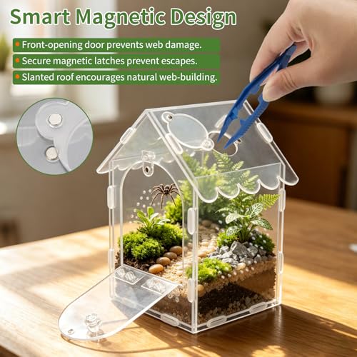 Jumping Spider Enclosure, Acrylic Tarantula Terrarium 4.38"×4.75"×8", Care Kit with 2 Tweezers, 2 Paint Brushes & Spray Bottle, Magnetic Door, Escape-Proof Habitat for Spiders, Tarantulas & Mantis