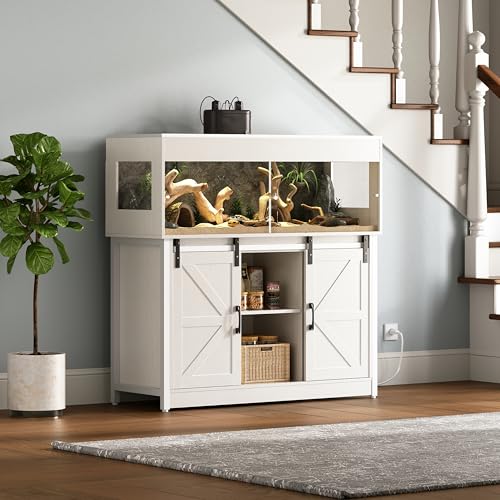 Herture 60 Gallon Reptile Terrarium with Stand, Terrarium Enclosure with Acrylic Doors, Storage Cabinet with Barn Door, Mesh Lid & Power Outlet – Vivarium Habitat for Medium Reptiles White PX05RTW - color: White, size: 60 Gallon