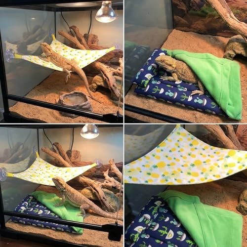 2-Piece Set with Blue and Green Quilt and Yellow Pineapple Medium Single Pack, Bearded Dragon Bed, Bearded Dragon Hammock,Canvas Material for Reptile Habitat Accessories and Lizard Comfort