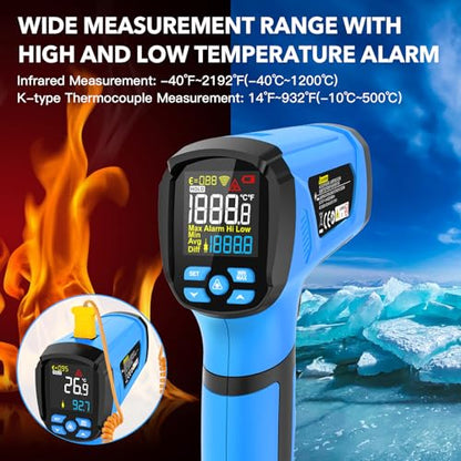 Infrared Thermometer Temperature Gun, -40℉ to 2192℉ Dual Laser High Temp Thermometer with LCD Color Display, Non-Contact Industrial Pyrometer 50:1 Distance Ratio, Adjustable Emissivity - color: Blue (-40℉~2192℉)