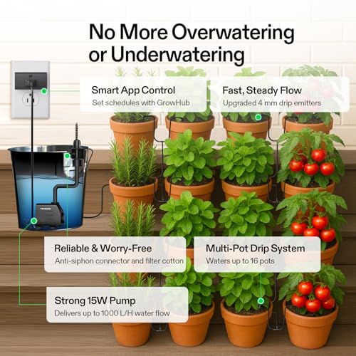 VIVOSUN Automatic Drip Irrigation Kit, Smart Watering System with 16 Drip Emitters, 4mm Fast Flow, App-Controlled A10 GrowHub, Quiet 15W Pump, Anti-Siphon & Filtered for Indoor Plants - style: Smart Drip Irrigation