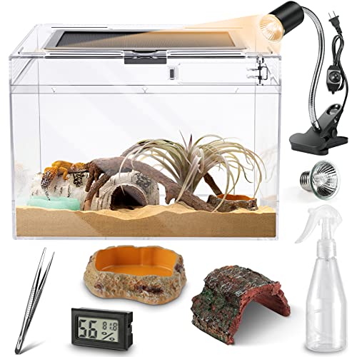 HELIME Reptile Polycarbonate Terrarium Kit 7 Piece Starter Habitat for Tarantula,Lizards,Frogs,Geckos,or Hermit Crabs,Tank with Escape-Proof Locking Lid,Light,Hygrometer,Hide,Tweezer,Bowl,Sprayer - size: Small(12x7x9IN)