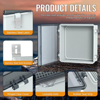 Joinfworld Outdoor Waterproof Electrical Box 13x13x5 with Clear Cover | IP67 water&UV proof box, 304 stainless latch, durable plastic, plate&rail, wall/freestand for marine, solar, Starlink & more - size: 13"x13"x5" Clear