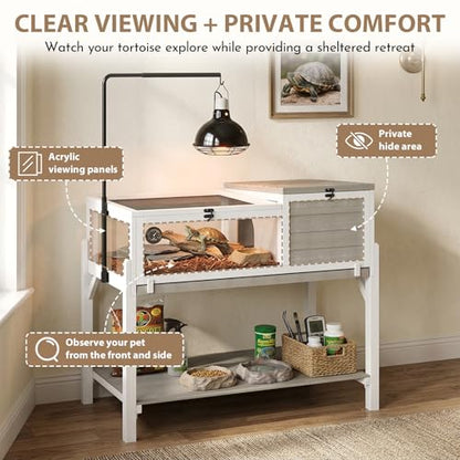 Tortoise Habitat for Small Reptiles, 2-Zone Wooden Turtle Cage with Adjustable Rotating Metal Lamp Stand, Storage Shelf, Indoor Reptile Enclosure for Tortoises, Geckos, Snakes