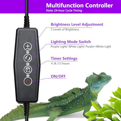 Dimmable UVB Light for Reptiles, LED Reptile UVA UVB Lamp with 3 Lighting Modes, 4/8/12 Hours Timer, Adjustable Brightness, Reptile Light for Bearded Dragon Turtles Lizard Snake Gecko, 8W