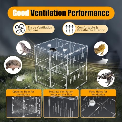 Reptile Terrariums, 4 Grids Acrylic Reptile Tank, Habitat Terrarium Enclosure for Small Ground Dwelling Reptiles, Amphibians, Spiders & Other Invertebrates