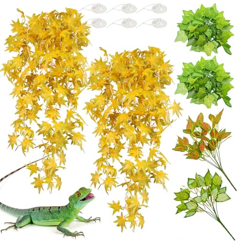 BNOSDM Reptile Plants Habitat Decorations with Suction Cup Terrarium Hanging Plant Bearded Dragon Tank Accessories Artificial Leaves Reptile Hide for Lizard Snake Leopard Gecko Chameleon (Yellow) - color: Yellow