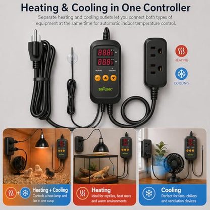 BN-LINK Digital Temperature Controller Thermostat Outlet with Heating Cooling Mode, 2-Stage Outlet Thermostat Controller Plug for Reptiles Aquarium Carboy Homebrew Breeding Fermenter Seed Germination - style: T10