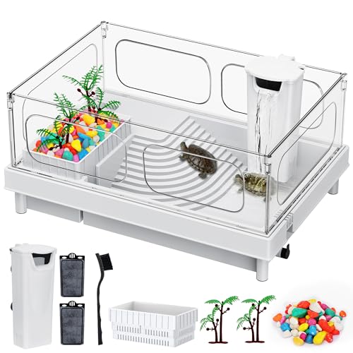 Turtle Tank Kit - Starter Aquarium with Filter, Brush, Easy to Install & Clean, for Turtles, Crabs, Small Reptiles - color: White, size: Tank+Filter