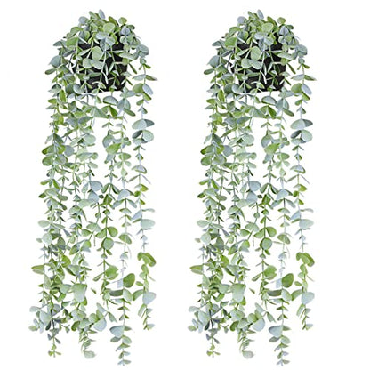 Fake Hanging Plants Eucalyptus Potted Artificial Plant Small Faux Ivy Vines Decor for Floating Shelf Kitchen Bathroom Cabinets Indoor Outdoor Pack of 2 23.6 Inches Long