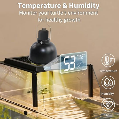 Turtle Basking Platform, Fits 10–13.5" Wide Tanks, Temp Humidity Gauge | Clear acrylic turtle dock with flip-open lid, non-slip ramp, and escape-proof design for aquatic turtles - size: Fit 10-13.5 Inchs Wide