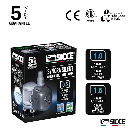 SICCE Syncra Silent 0.5 Multifunction 185 GPH Submersible Water Pump | Italian Made 8W Ultra Quiet Durable for Aquarium Fish Tank, Fountain, Pond, Hydroponics, Terrarium Black | Freshwater & Saltwater - size: Syncra Silent 0.5
