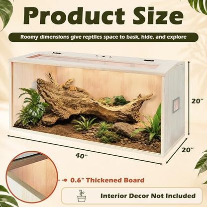 PROLEE Bearded Dragon Tank,Wooden Reptile Tank and Lizard Tank,Tempered Glass Large Bearded Dragon Enclosure with Built-in Lamp Fixture (40X20X20inch,65 Gallons) - color: Wooden Roof, size: 40X20X20inch,65 Gallons