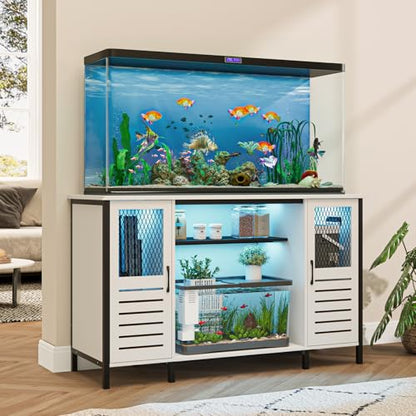 EAG 55-75 Gallon Fish Tank Stand with Power Outlets & LED Light, Heavy Duty Aquarium Stand with Adjustable Shelves, Turtle Reptile Terrarium Tank Stand with Cabinet, 1250LBS Capacity, White