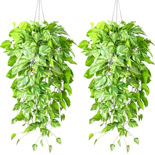Fake Pothos Ivy Plant for Home Decor – 40" Fake Hanging Plants with Pot, Artificial Silk Greenery for Indoor Shelf, Bedroom, Living Room, Bathroom, or Office Decoration - color: Spotted Green