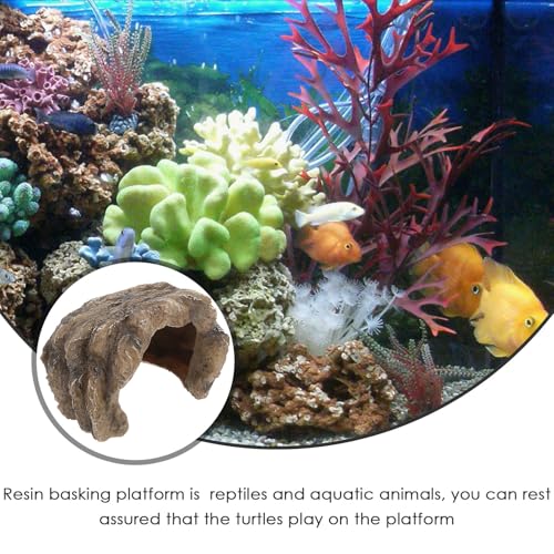 Reptile Cave Hideout Resin Rock Shelter with Ramp Platform for Turtle Tank and Bearded Dragon Enclosure Ornament, Natural Decoration for Reptile Hiding and Basking