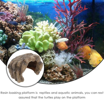 Reptile Cave Hideout Resin Rock Shelter with Ramp Platform for Turtle Tank and Bearded Dragon Enclosure Ornament, Natural Decoration for Reptile Hiding and Basking