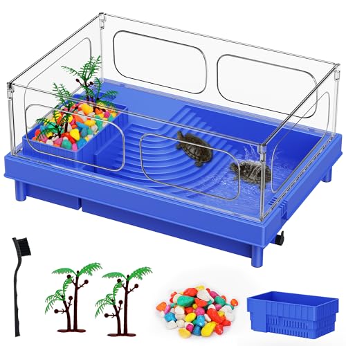 Blue Turtle Tank, Small Aquarium with Basking Platform, Basking, Feeding & Swimming Areas for Small Turtles - color: Blue, size: Tank