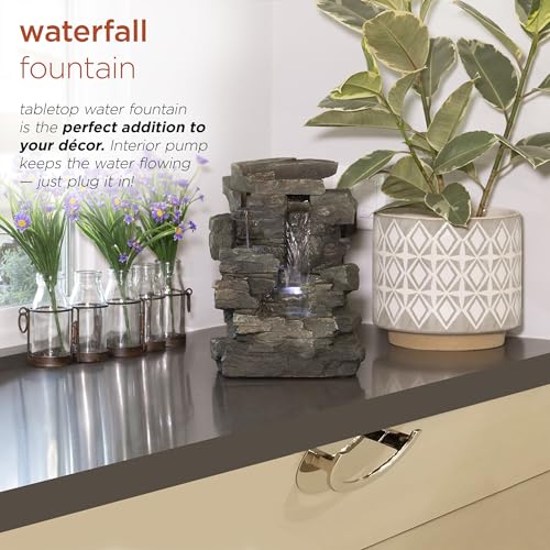 Alpine Corporation 13" Tall Indoor Tabletop Water Fountain, 4 Tier Cascading Water Feature with LED Lights for Home, Office, Living Room, or Zen Decor, Gray - style: Stacked Stone w/ LED