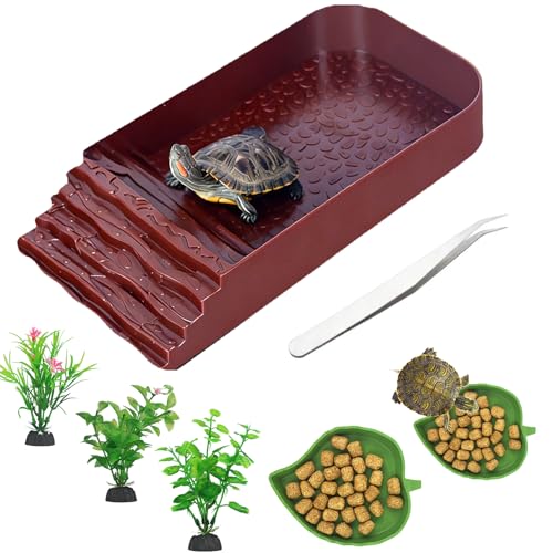 3 PCS Reptile Water Dish, Leaf Reptile Water Bowl, Amphibians Habitat Tortoise Food Bowl with Climbing Ramp for Turtle, Gecko, Snake, Bearded Dragon, Lizard - color: Brown