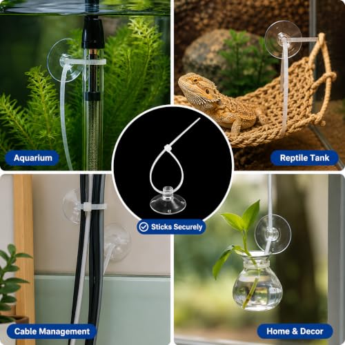 30 Pcs Aquarium Suction Cups with 30 Pcs Adjustable Zip Ties Set – Clear Small Suction Cups for Fish Tank Decor, Moss, Shrimp Nest, Reptile Hammock & Cable Management