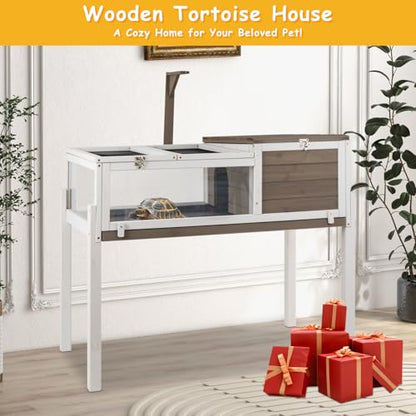 PetsCosset Tortoise Habitat with Detachable Legs, Wooden Indoor & Outdoor Turtle Enclosure, Two-Room Reptile House, Large Observation Windows, Removable Pull-Out Tray, for Tortoises - size: 37.2"L x 22.8"W x 32.3"H