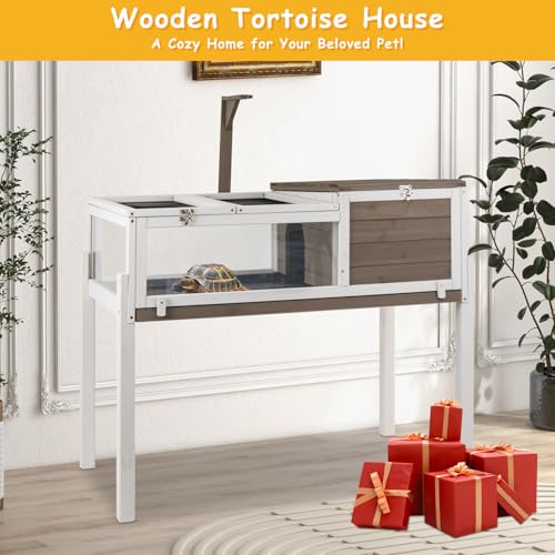 PetsCosset Tortoise Habitat with Detachable Legs, Wooden Indoor & Outdoor Turtle Enclosure, Two-Room Reptile House, Large Observation Windows, Removable Pull-Out Tray, for Tortoises - size: 37.2"L x 22.8"W x 32.3"H