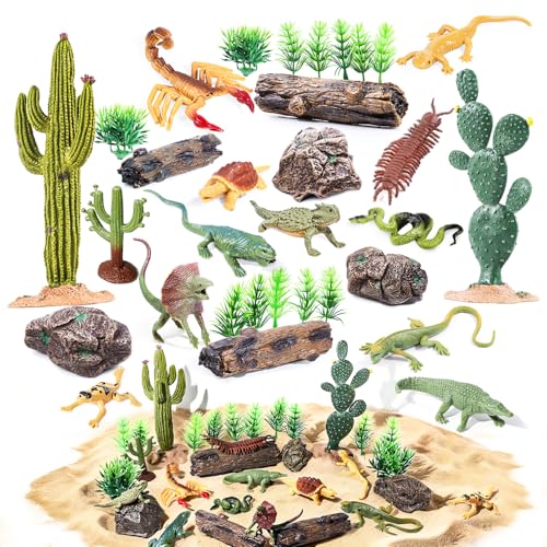 32Pcs Desert Reptiles Animals Figures Toys School Projects Diorama Kit Lizard Snake Cactus Plants Rock Playset for Kids Toddlers Cake Toppers Birthday Party Favor Decorations - style: Reptiles