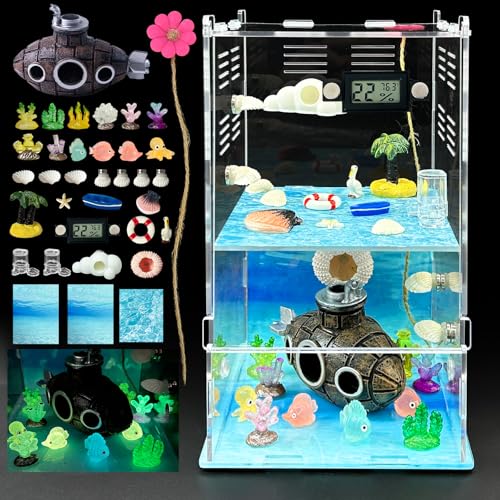 Jumping Spider Enclosure,DIY Insects Habitat,Small Reptile Terrarium Glass House Accessories Set,with Temperature and Humidity Detector Water Feeder Platform Hide,5.5“x5.5”x9.5“ (Ocean) - color: Ocean