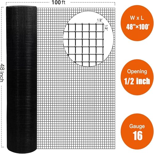 Hardware Cloth for Chicken Wire Fencing of Chicken Coop, 1/2in Mesh AWG 19 Gauge 48"x 100' Black Vinyl Coated Welded Wire Mesh Fence-PVC Coated Metal Garden Fencing Roll and Home Improvement - color: Black, size: 1/2'' 48'' x 100' (AWG 19Ga)