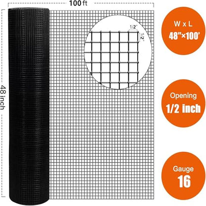 Hardware Cloth for Chicken Wire Fencing of Chicken Coop, 1/2in Mesh AWG 19 Gauge 48"x 100' Black Vinyl Coated Welded Wire Mesh Fence-PVC Coated Metal Garden Fencing Roll and Home Improvement - color: Black, size: 1/2'' 48'' x 100' (AWG 19Ga)