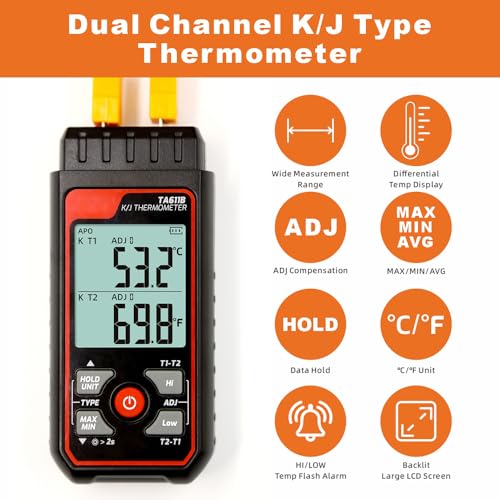Digital Thermocouple Thermometer Dual-Channel K/J Type Thermometer -328~2501℉ Wide Range Industrial HVAC Temperature Meter with 4PCS of K-Type Thermocouple Probes, Alarm,Temp Conpensation
