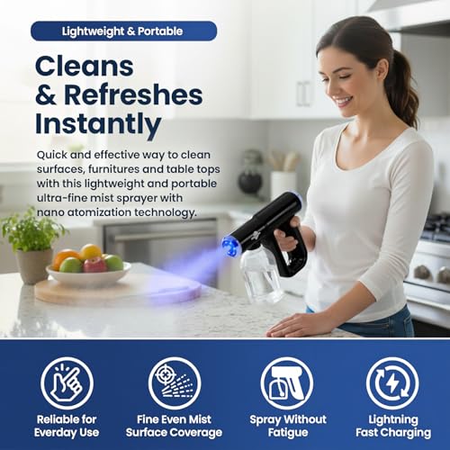 Professional K12 Nano Spray Gun with Blue Light, Atomizer Sprayer & Nano Steam Hair Mister Spray Bottle, Cordless & Rechargeable Barber Spray Gun, Home, Salon, Office & Travel Fine Mist Spray, Black - color: Black
