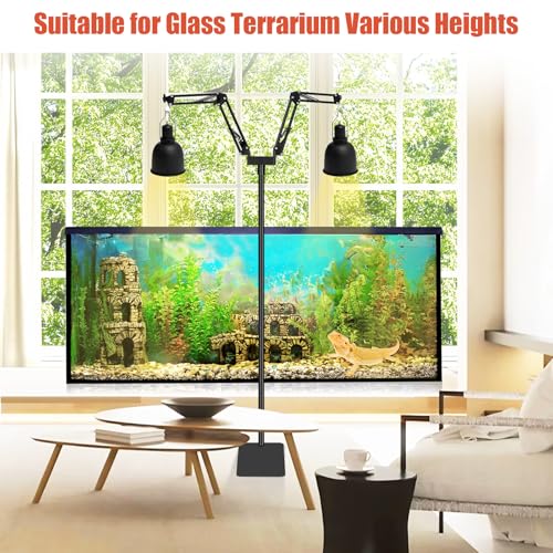 Dual Arm Reptile Lamp Stand, Adjustable Height 15.7-74.3 in, Holds 2 Dome Lampshades or Heat Fixtures, for Bearded Dragon, Turtle, Snake, Lizard,Chicken Tank Glass Terrarium