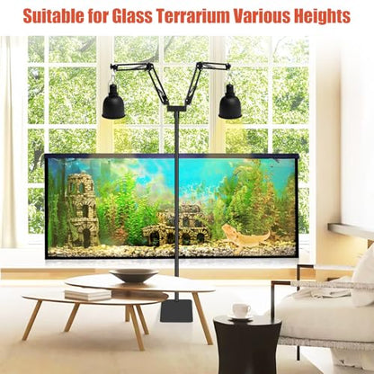 Dual Arm Reptile Lamp Stand, Adjustable Height 15.7-74.3 in, Holds 2 Dome Lampshades or Heat Fixtures, for Bearded Dragon, Turtle, Snake, Lizard,Chicken Tank Glass Terrarium
