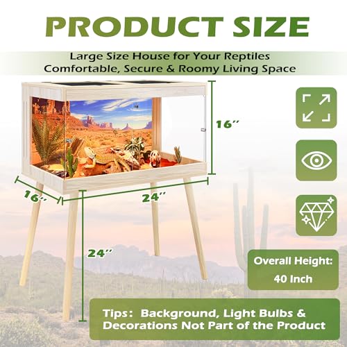 ROYXEN Bearded Dragon Tank with Leg Stand,24 Gallon Tempered Glass Reptile Tank with Metal Mesh Top, 3-Side Clear Anti-Scratch Glass Lizard Tank,Snake Tank for Reptile Habitat (Oak,24" Length) - color: Oak, size: 30Gal,24x16x16inch