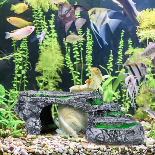 MoonOrange Turtle Basking Platform Kit, Reptile Habitat Hideout, Decorative Resin for Aquarium & Terrarium, Including Artificial Plant and Cleaning Brush. (A-Large-Black)