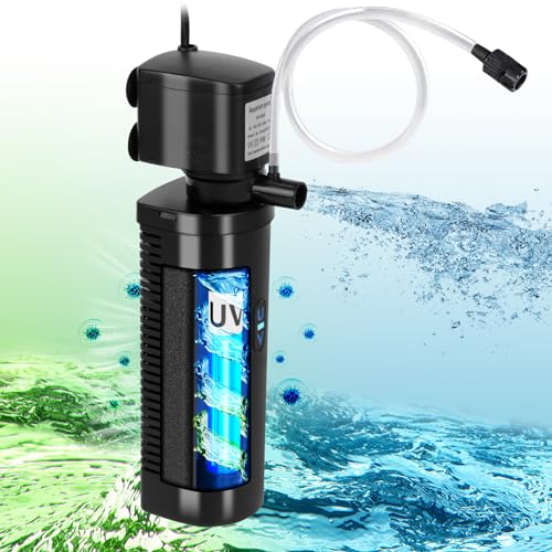 TARARIUM Aquarium Filter U-V for 20-75 Gallon, 200GPH Fish Tank Filter w/ 5W U-V Light Green Clean Machine Submersible Powerful Pump Internal Filter for Turtle Tank Saltwater Freshwater Crystal Clear - size: Small - H6F(for 20-75 Gallon)