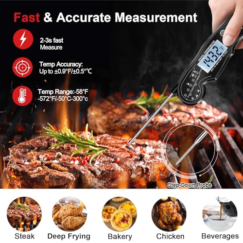 Meat Thermometer Digital - Fast Instant Read Food Thermometer for Cooking, Candy, Outside Grill, and Roast, Digital Food Thermometer with Backlight LCD & Calibration - color: Black/Black