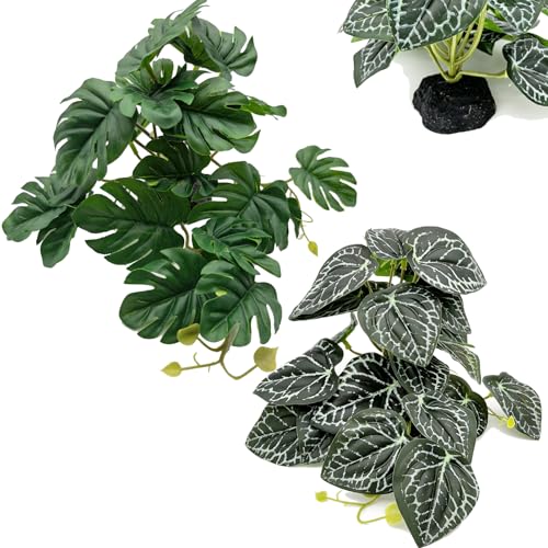 Reptile Plants Terrarium Decor, Artificial Fake Plants for Bearded Dragon, Leopard Gecko, Snake, Crested, Ball Python Tank (Monstera & Black Crystal Anthurium Leaf + Base) - color: Monstera & Black Crystal Anthurium Leaf + Base