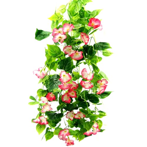 FERIAL Artificial Vines Rosered Morning Glory Vine Artificial Flowers Hanging Plants Garland Fake Green Plant for Wall Fence Indoor Wedding Banquet Decor - color: Rosered