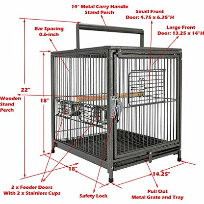Portable Heavy Duty Travel Bird Parrot Carrier Cage Feeding Bowl Play Stand with Handle - color: Black, size: 18" x 14" x 22"H