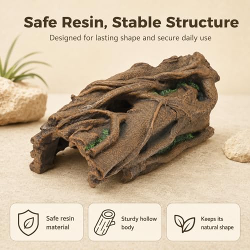 Large Reptile Hideout, Resin Hollow Log Cave for Ball Python & Bearded Dragon, Natural Basking Platform & Tank Decor for Snake, Gecko, Lizard, Tortoise, Axolotl